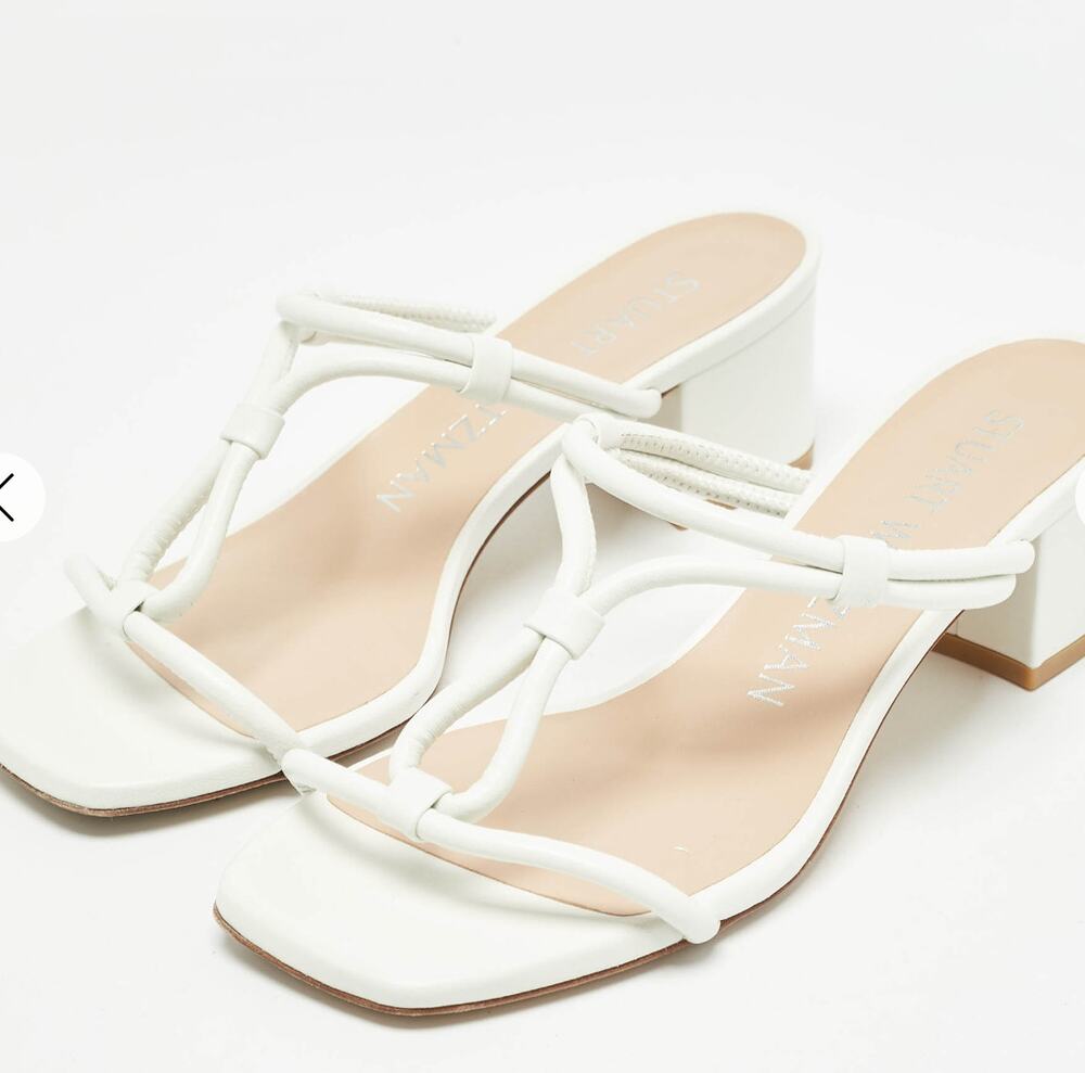 Stuart Weitzman Leather T Strap Heels 8 White Sandals Bridal Wedding Grad
